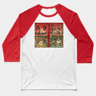 FOUR LADY AND UNICORN STORIES ,Fantasy Flowers,Animals, Red Green Floral Tapestry Baseball T-Shirt